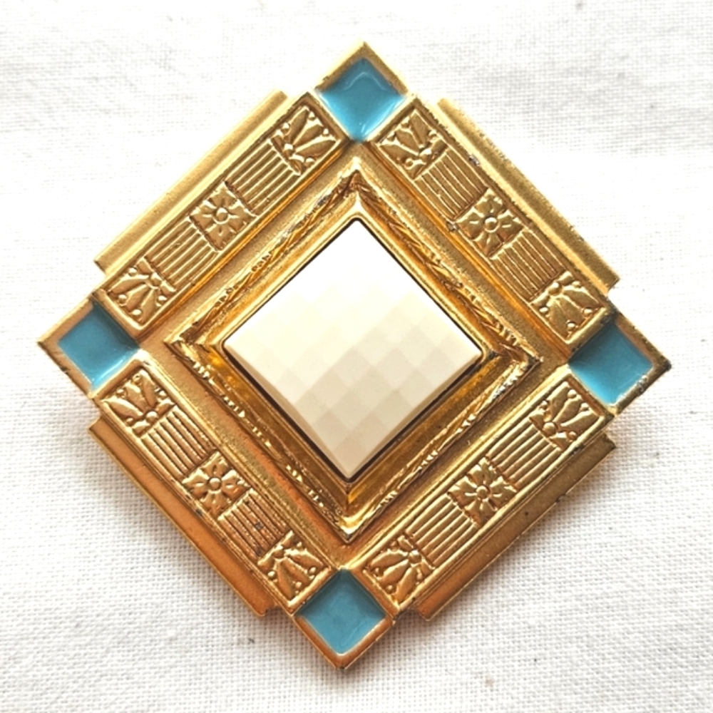 Vtg Art Deco Style Square Brooch With Gold Teal & White